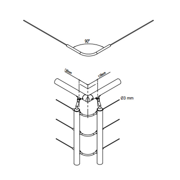 Prova Railing PA25 90 Degree Corner for Steel Cable or Steel Tube Illustration