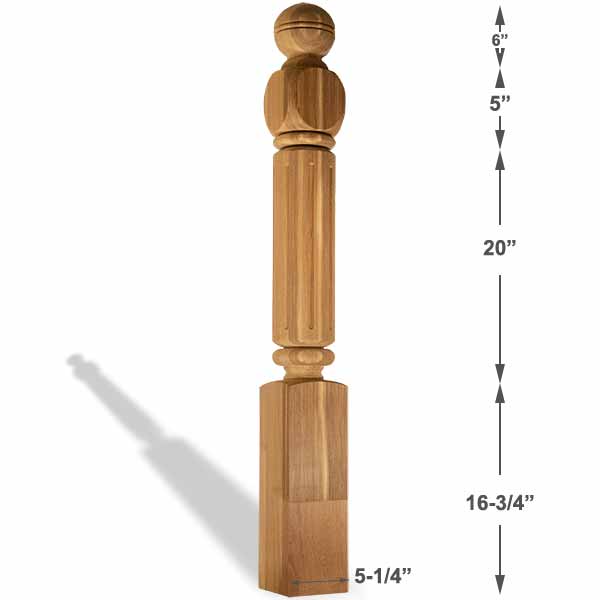 6x6 Empire Fluted Ball Top Newel Post - Dimensions